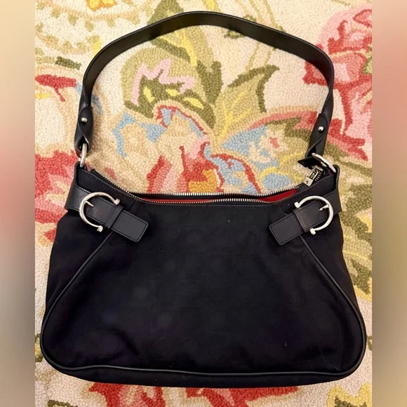 SALVATORE FERRAGAMO Silver Fittings Gancini Canvas Nylon Shoulder Bag Black/Red